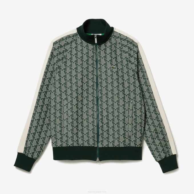 Men Lacoste V0ZN276 Green Beige 7M4 Regular Fit Monogram Print Zip Sweatshirt - Image 3
