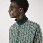 Men Lacoste V0ZN276 Green Beige 7M4 Regular Fit Monogram Print Zip Sweatshirt - Image 4