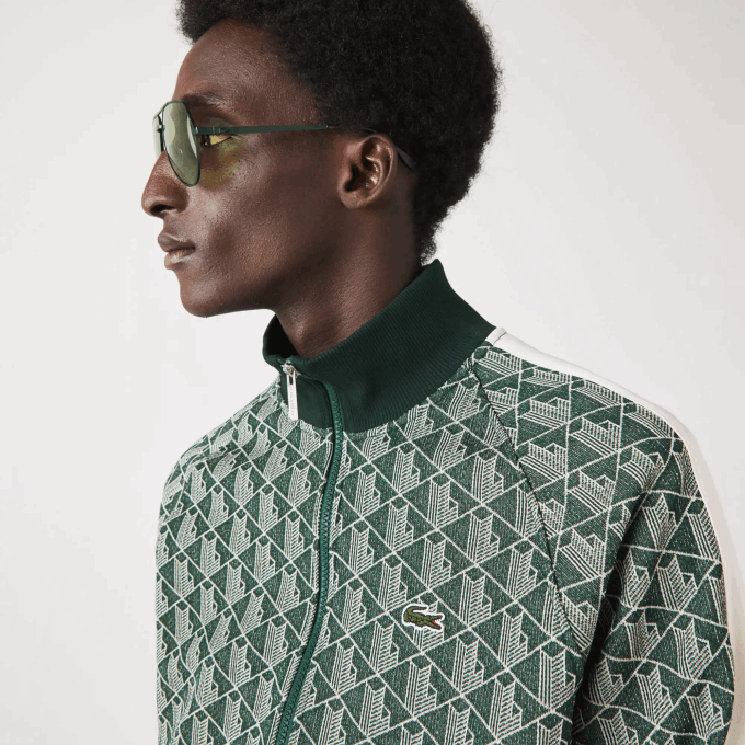 Men Lacoste V0ZN276 Green Beige 7M4 Regular Fit Monogram Print Zip Sweatshirt - Image 4