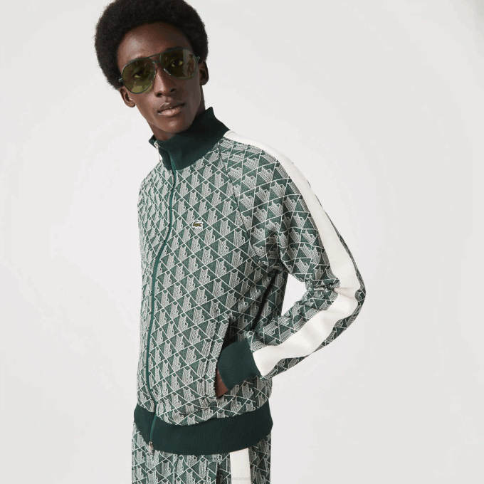 Men Lacoste V0ZN276 Green Beige 7M4 Regular Fit Monogram Print Zip Sweatshirt - Image 5
