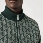 Men Lacoste V0ZN276 Green Beige 7M4 Regular Fit Monogram Print Zip Sweatshirt - Image 6