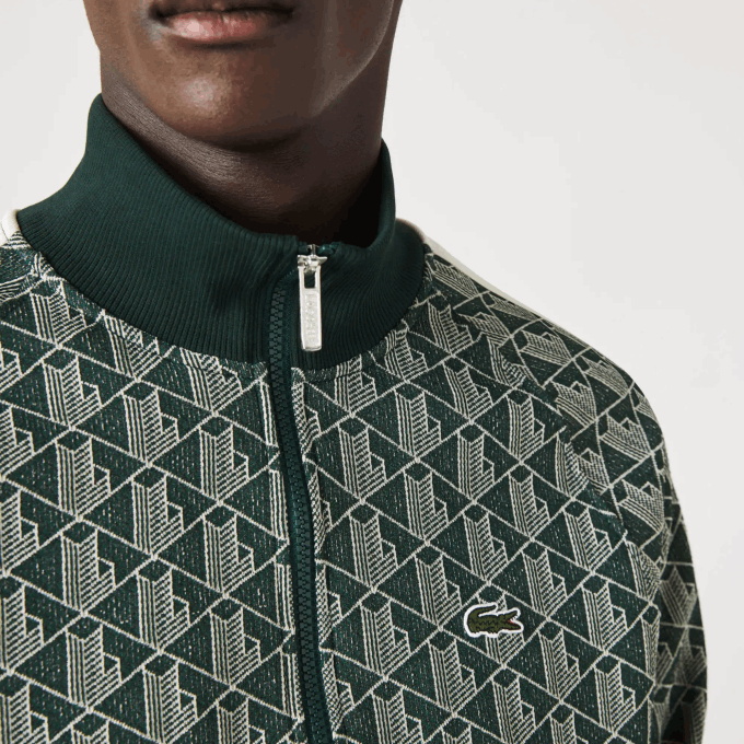Men Lacoste V0ZN276 Green Beige 7M4 Regular Fit Monogram Print Zip Sweatshirt - Image 6