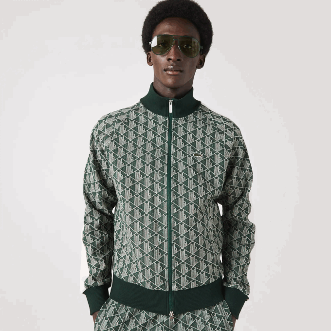 Men Lacoste V0ZN276 Green Beige 7M4 Regular Fit Monogram Print Zip Sweatshirt - Image 1