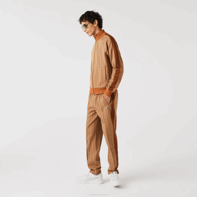 Men Lacoste V0ZN277 Beige Brown ZWM Regular Fit Monogram Print Zip Sweatshirt - Image 2
