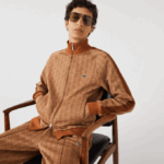 Men Lacoste V0ZN277 Beige Brown ZWM Regular Fit Monogram Print Zip Sweatshirt