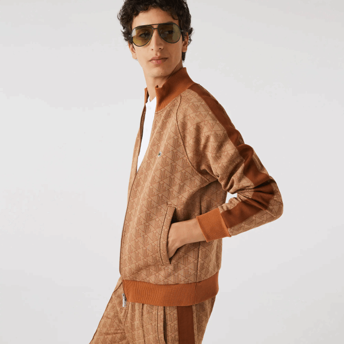 Men Lacoste V0ZN277 Beige Brown ZWM Regular Fit Monogram Print Zip Sweatshirt - Image 4