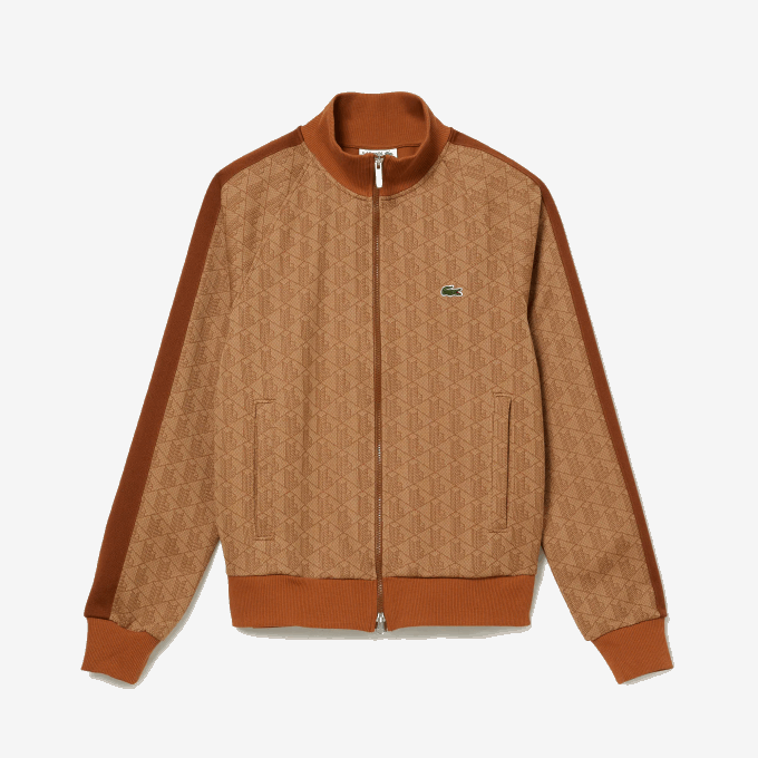 Men Lacoste V0ZN277 Beige Brown ZWM Regular Fit Monogram Print Zip Sweatshirt - Image 5