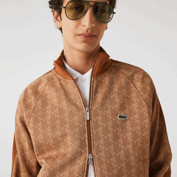 Men Lacoste V0ZN277 Beige Brown ZWM Regular Fit Monogram Print Zip Sweatshirt - Image 6