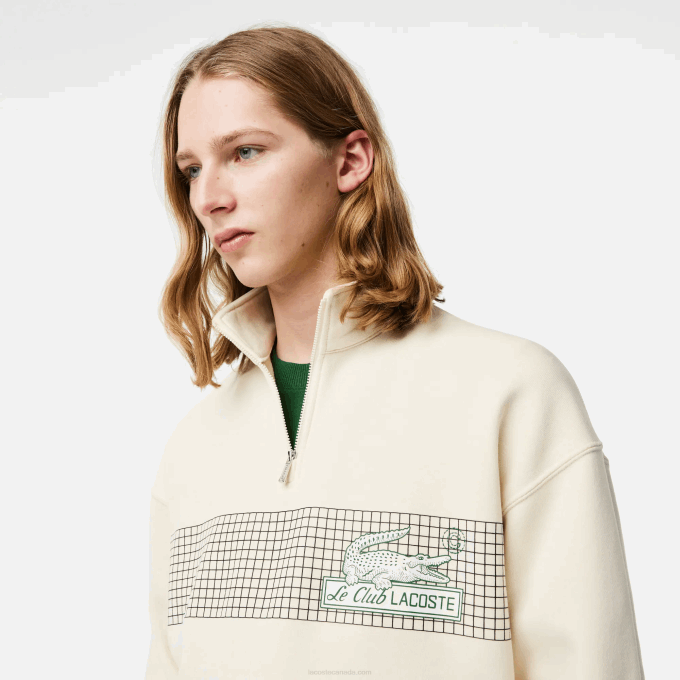 Men Lacoste V0ZN282 White XFJ Zip Neck Loose Fit Organic Cotton Sweatshirt - Image 2