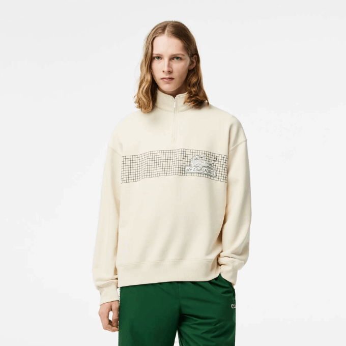 Men Lacoste V0ZN282 White XFJ Zip Neck Loose Fit Organic Cotton Sweatshirt - Image 1