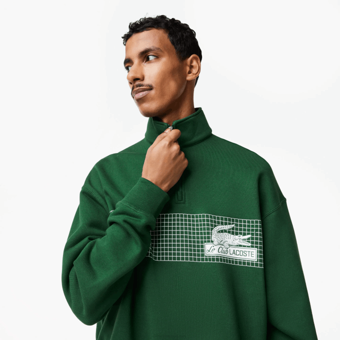 Men Lacoste V0ZN284 Green 132 Zip Neck Loose Fit Organic Cotton Sweatshirt - Image 2