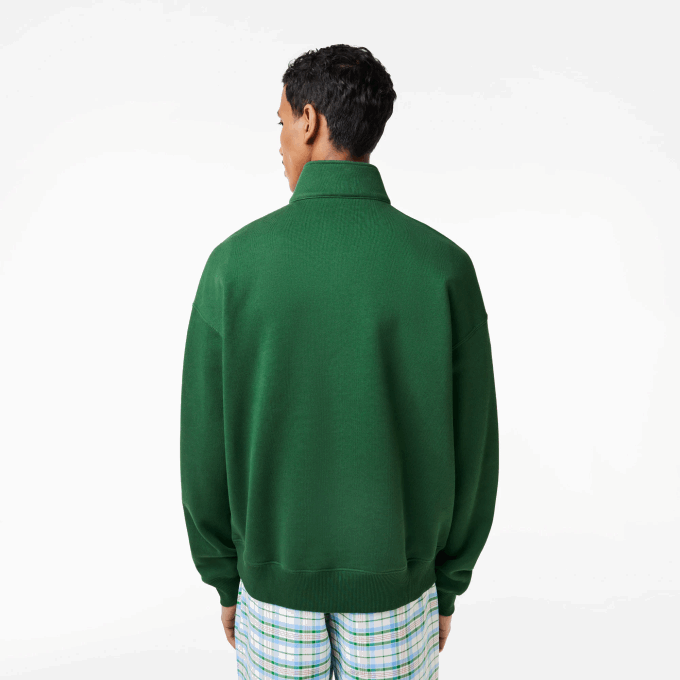 Men Lacoste V0ZN284 Green 132 Zip Neck Loose Fit Organic Cotton Sweatshirt - Image 3