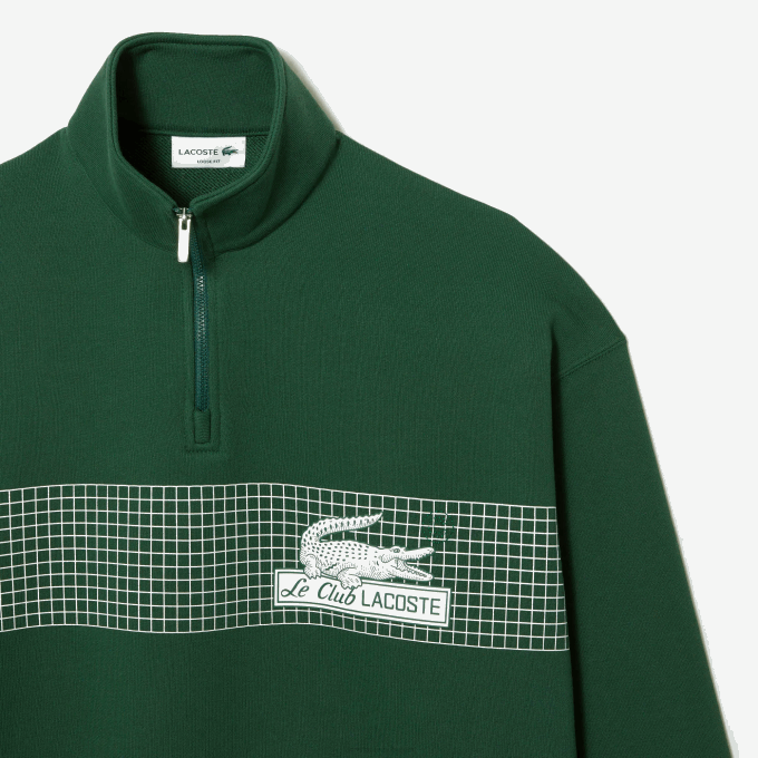Men Lacoste V0ZN284 Green 132 Zip Neck Loose Fit Organic Cotton Sweatshirt - Image 5