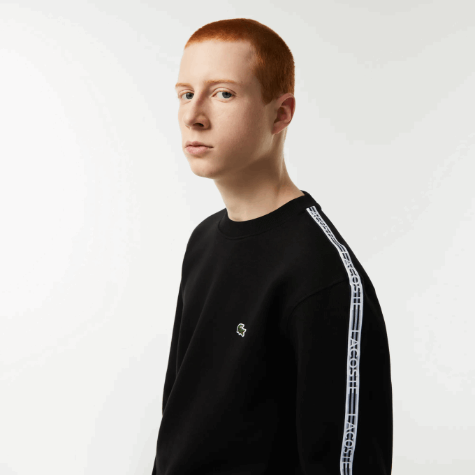 Men Lacoste V0ZN290 Black 031 Classic Fit Logo Stripe Flannel Sweatshirt - Image 2