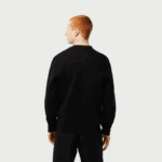 Men Lacoste V0ZN290 Black 031 Classic Fit Logo Stripe Flannel Sweatshirt - Image 3