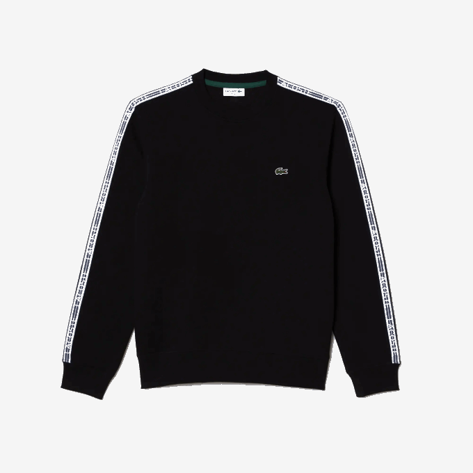 Men Lacoste V0ZN290 Black 031 Classic Fit Logo Stripe Flannel Sweatshirt - Image 4