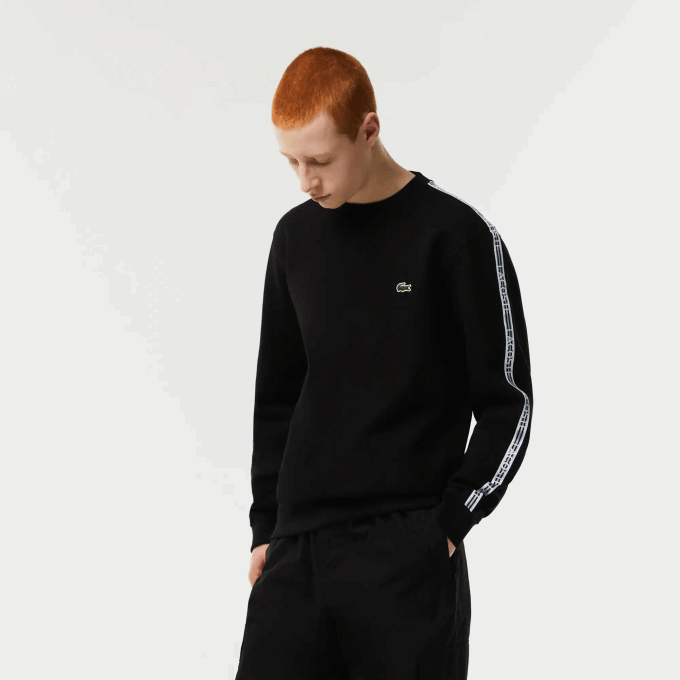 Men Lacoste V0ZN290 Black 031 Classic Fit Logo Stripe Flannel Sweatshirt - Image 1