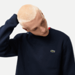 Men Lacoste V0ZN291 Navy Blue 166 Classic Fit Logo Stripe Flannel Sweatshirt - Image 2