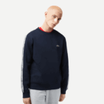 Men Lacoste V0ZN291 Navy Blue 166 Classic Fit Logo Stripe Flannel Sweatshirt