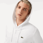 Men Lacoste V0ZN295 White 001 Kangaroo Pocket Fleece Zipped Sweatshirt - Image 2