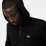 Men Lacoste V0ZN296 Black 031 Kangaroo Pocket Fleece Zipped Sweatshirt - Image 2