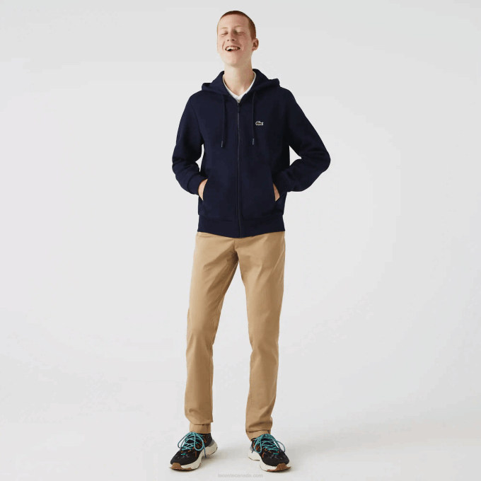 Men Lacoste V0ZN297 Navy Blue 166 Kangaroo Pocket Fleece Zipped Sweatshirt - Image 4