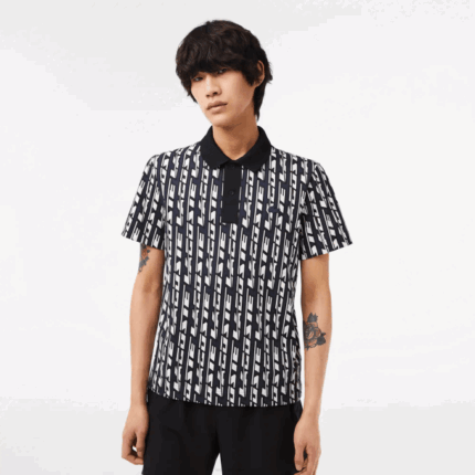 Men Lacoste V0ZN2 Blue White 9YT Active Movement Two-Tone Printed Polo