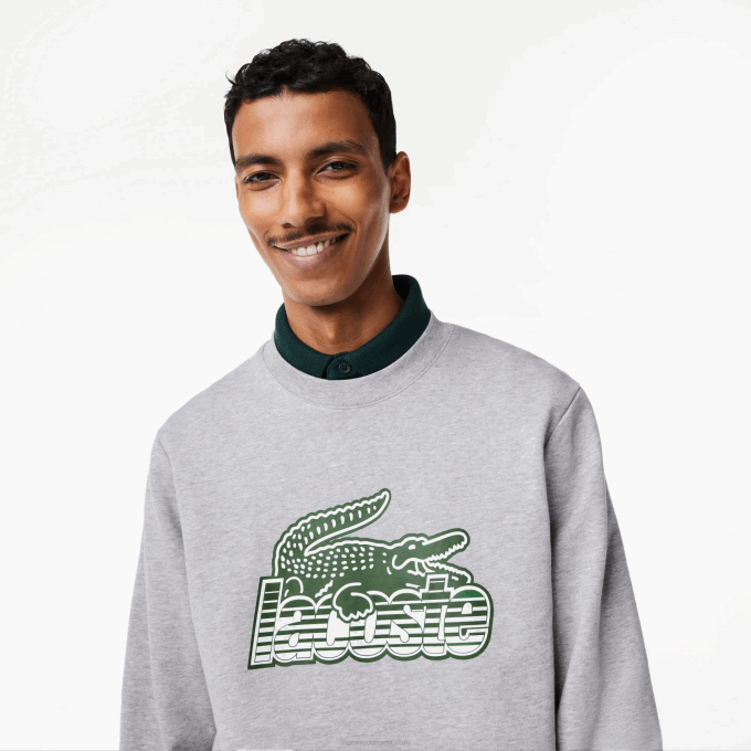 Men Lacoste V0ZN301 Grey Chine CCA Round Neck Unbrushed Fleece Sweatshirt - Image 2