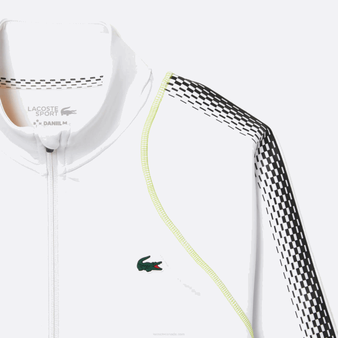 Men Lacoste V0ZN311 White Yellow WUI Tennis x Daniil Medvedev Zipped Sweatshirt - Image 2