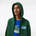 Men Lacoste V0ZN321 Green 132 Unbrushed Fleece Zipped Hoodie - Image 2