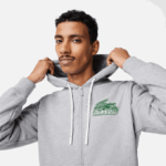 Men Lacoste V0ZN322 Grey Chine CCA Unbrushed Fleece Zipped Hoodie