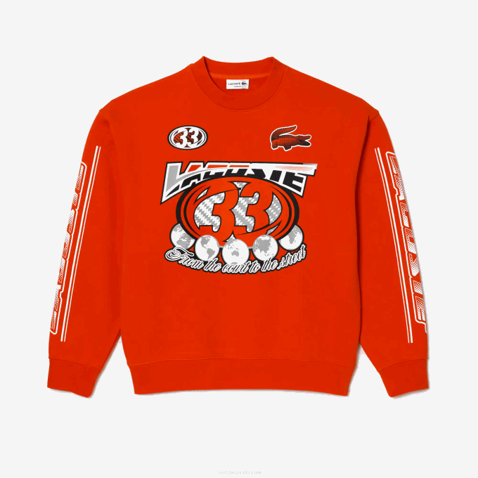Men Lacoste V0ZN327 Orange 02K Cotton Fleece Loose Fit Sweatshirt - Image 4