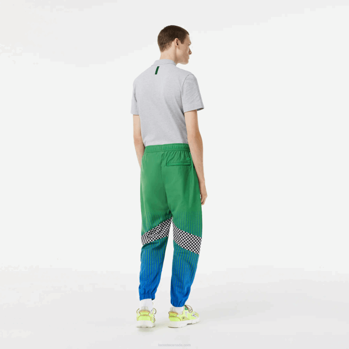 Men Lacoste V0ZN338 Green Blue CHY Ombre Checkerboard Print Track Pants - Image 3