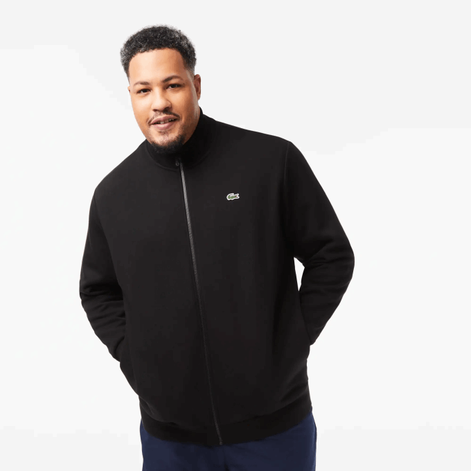Men Lacoste V0ZN340 Black 031 Regular Fit Zipped Cotton Fleece Sweatshirt - Plus Size - Big - Image 1