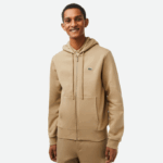 Men Lacoste V0ZN351 Beige CB8 Kangaroo Pocket Fleece Zipped Sweatshirt