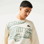 Men Lacoste V0ZN360 White XFJ Round Neck Loose Fit Croc Print Sweatshirt - Image 2