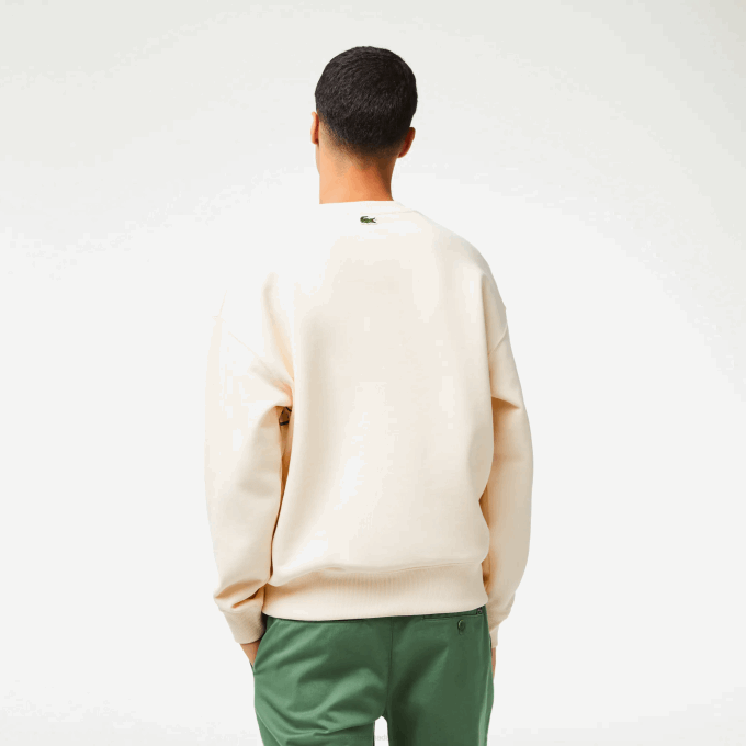 Men Lacoste V0ZN360 White XFJ Round Neck Loose Fit Croc Print Sweatshirt - Image 3