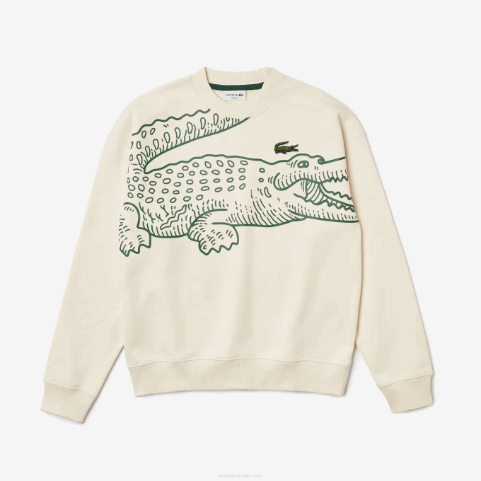 Men Lacoste V0ZN360 White XFJ Round Neck Loose Fit Croc Print Sweatshirt - Image 4