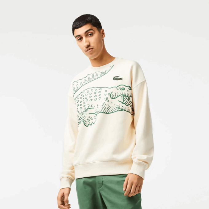 Men Lacoste V0ZN360 White XFJ Round Neck Loose Fit Croc Print Sweatshirt - Image 1