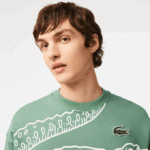 Men Lacoste V0ZN361 Khaki Green KX5 Round Neck Loose Fit Croc Print Sweatshirt - Image 2