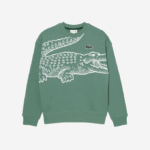 Men Lacoste V0ZN361 Khaki Green KX5 Round Neck Loose Fit Croc Print Sweatshirt - Image 4