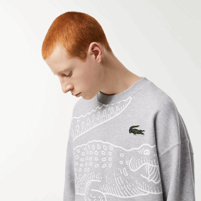 Men Lacoste V0ZN362 Grey Chine CCA Round Neck Loose Fit Croc Print Sweatshirt - Image 2