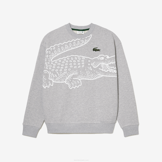 Men Lacoste V0ZN362 Grey Chine CCA Round Neck Loose Fit Croc Print Sweatshirt - Image 4