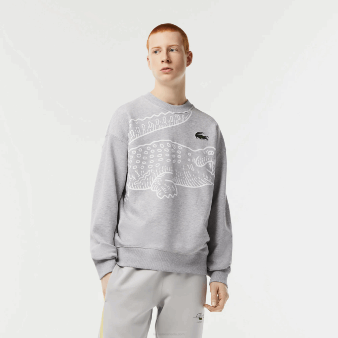 Men Lacoste V0ZN362 Grey Chine CCA Round Neck Loose Fit Croc Print Sweatshirt - Image 1