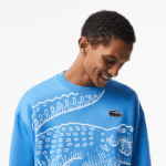 Men Lacoste V0ZN363 Blue L99 Round Neck Loose Fit Croc Print Sweatshirt - Image 2