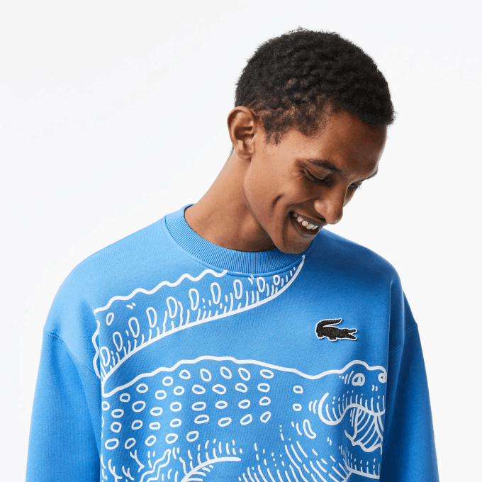 Men Lacoste V0ZN363 Blue L99 Round Neck Loose Fit Croc Print Sweatshirt - Image 2