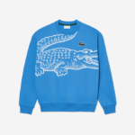Men Lacoste V0ZN363 Blue L99 Round Neck Loose Fit Croc Print Sweatshirt - Image 4