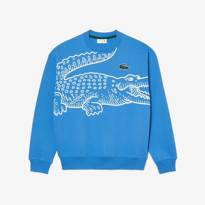 Men Lacoste V0ZN363 Blue L99 Round Neck Loose Fit Croc Print Sweatshirt - Image 4