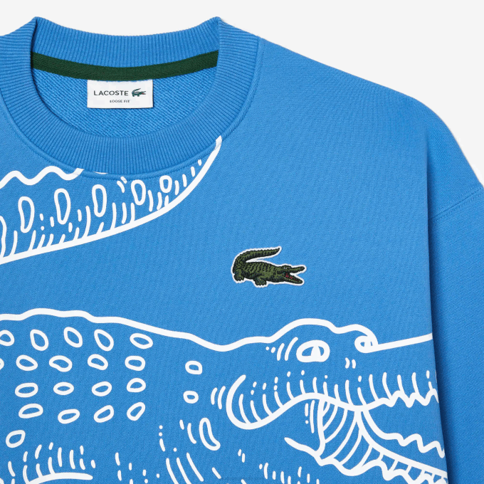 Men Lacoste V0ZN363 Blue L99 Round Neck Loose Fit Croc Print Sweatshirt - Image 5
