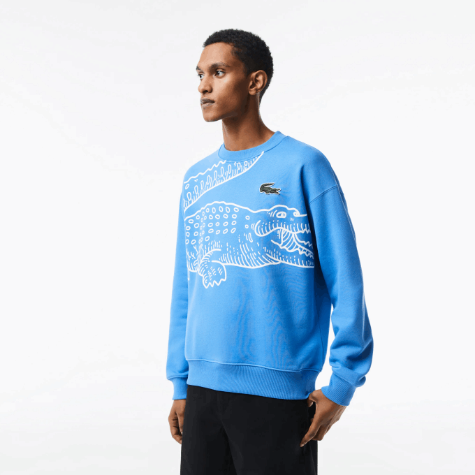 Men Lacoste V0ZN363 Blue L99 Round Neck Loose Fit Croc Print Sweatshirt - Image 1